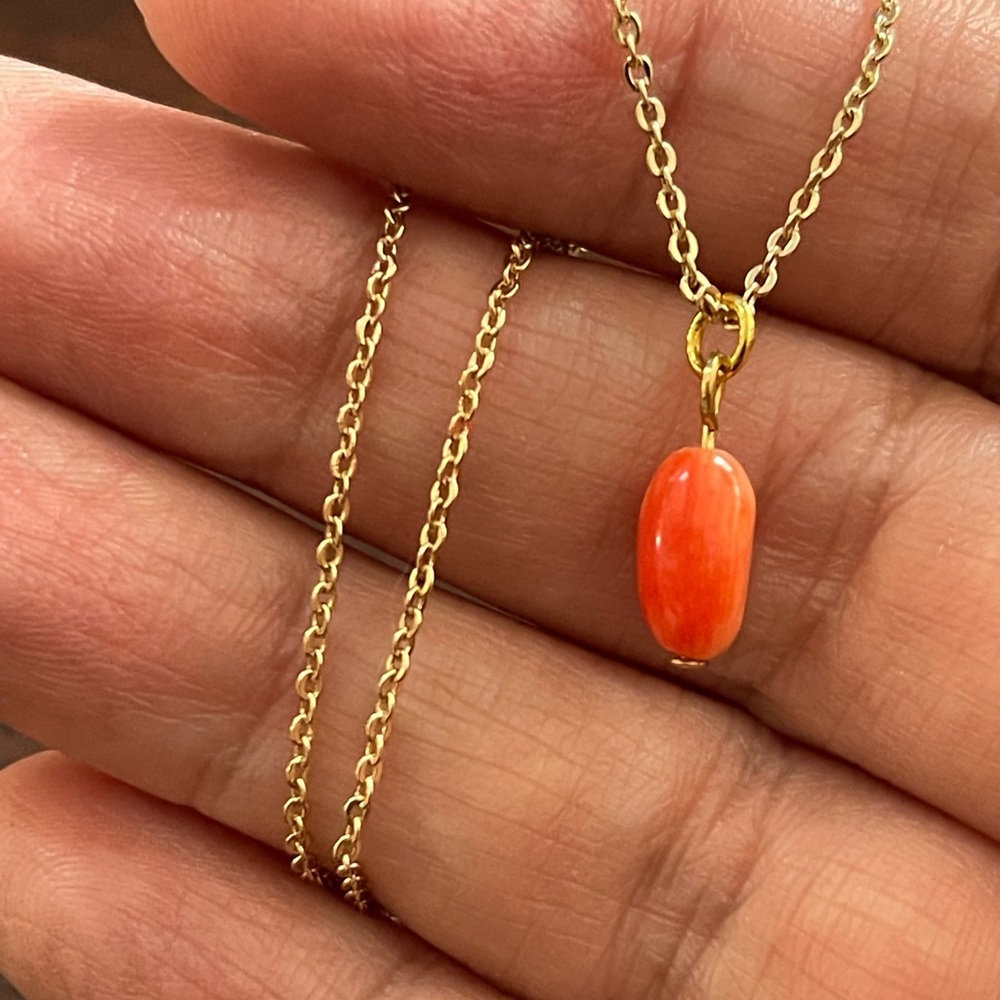 Dainty pink red coral pendant gold tone chain